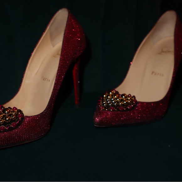 Christian Louboutin Shoes Pink Coralta Mia 100mm Glitter Studded Heart Point-toe - Picture 10 of 12